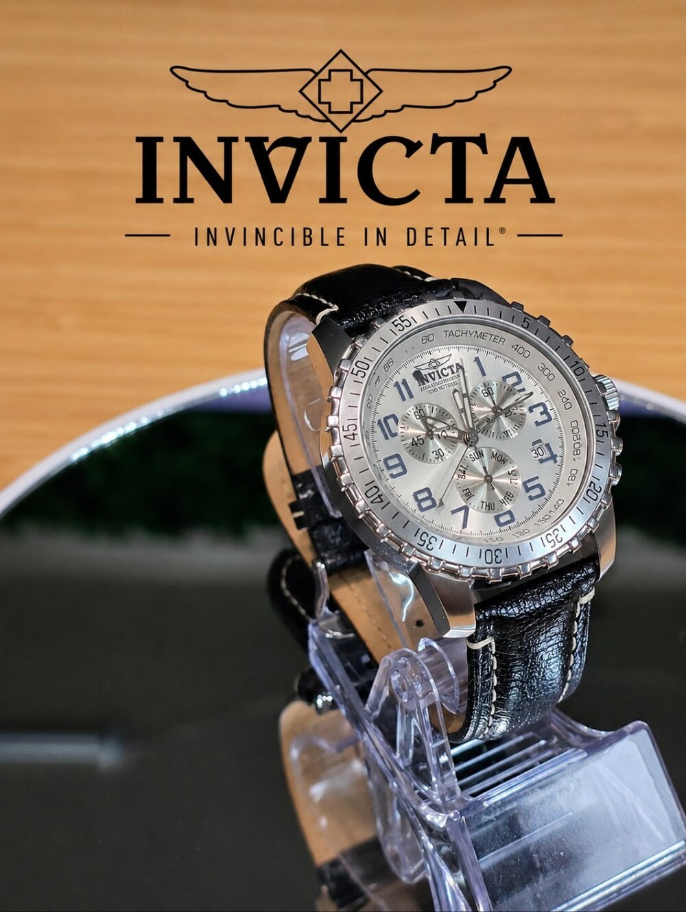 Invicta Silver Chronograph Watch with Black Leather Strap ( NEW BATTERY)